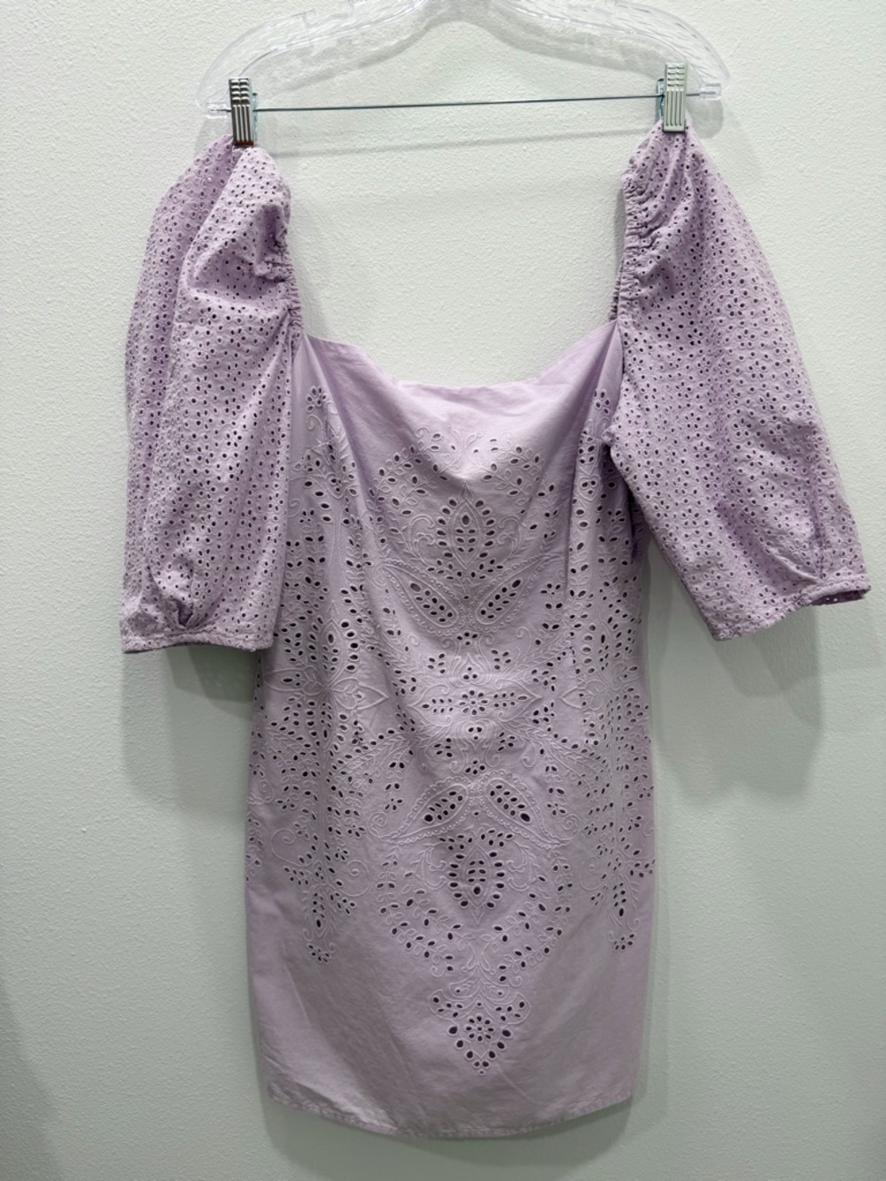 H&M Lilac Eyelet Embroidered Puff Sleeve Mini Dress Square Neck 100%Cotton SizeM - Picture 5 of 7